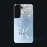 Blue Brushed Metal Silver Glitter Monogram Name Samsung Galaxy Hoesje<br><div class="desc">Pas dit trendy chassis voor telefoongesprekken eenvoudig aan met  zilveren mousserende glitter op een blauwe,  geborstelde metalen achtergrond.</div>