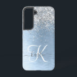 Blue Brushed Metal Silver Glitter Monogram Name Samsung Galaxy Hoesje<br><div class="desc">Pas dit trendy chassis voor telefoongesprekken eenvoudig aan met  zilveren mousserende glitter op een blauwe,  geborstelde metalen achtergrond.</div>