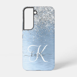 Blue Brushed Metal Silver Glitter Monogram Name Samsung Galaxy Hoesje