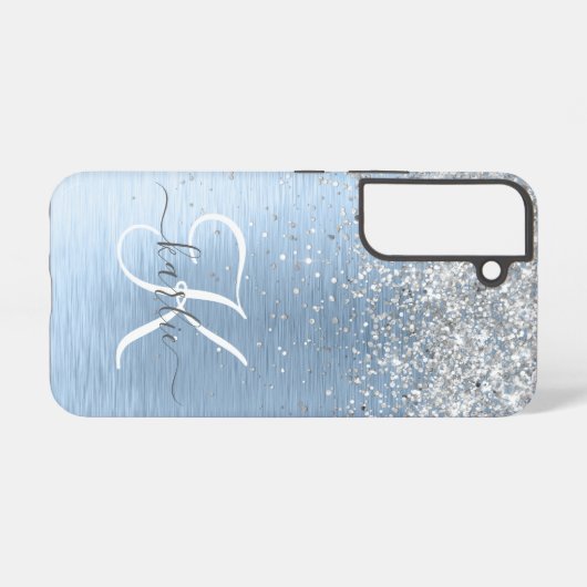 Blue Brushed Metal Silver Glitter Monogram Name Samsung Galaxy Hoesje (Achterkant horizontaal)