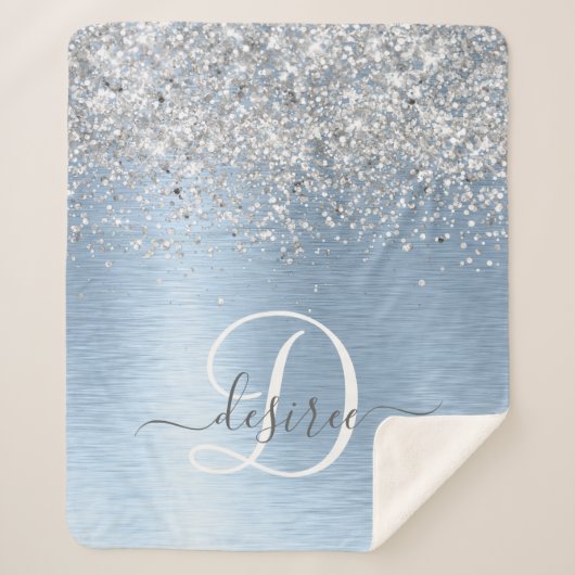 Blue Brushed Metal Silver Glitter Monogram Name Sherpa Deken (Voorkant)