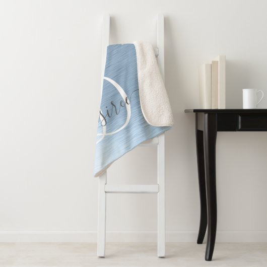 Blue Brushed Metal Silver Glitter Monogram Name Sherpa Deken (In situ)