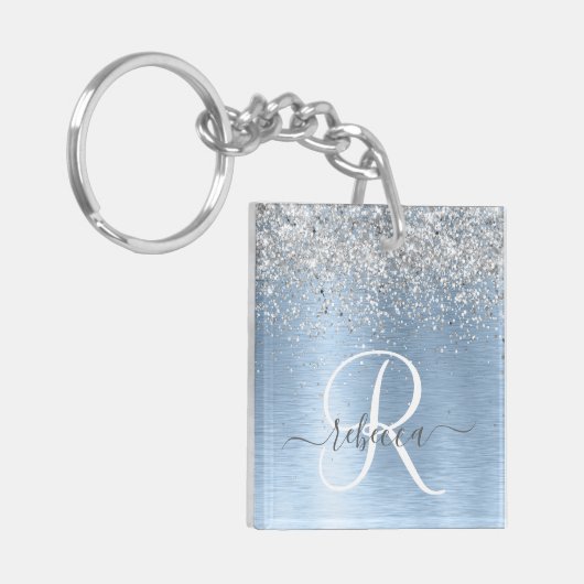 Blue Brushed Metal Silver Glitter Monogram Name Sleutelhanger (Voorkant Links)