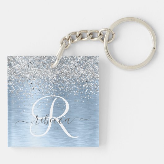 Blue Brushed Metal Silver Glitter Monogram Name Sleutelhanger (Achterkant)