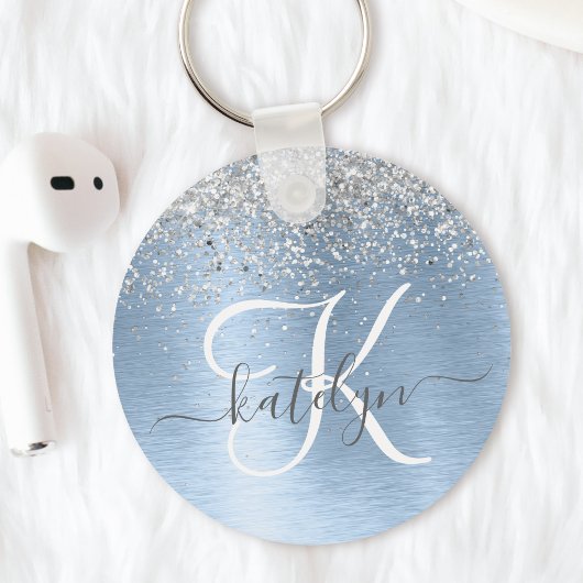 Blue Brushed Metal Silver Glitter Monogram Name Sleutelhanger