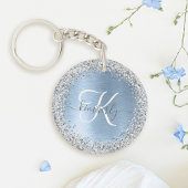 Blue Brushed Metal Silver Glitter Monogram Name Sleutelhanger