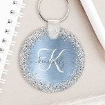 Blue Brushed Metal Silver Glitter Monogram Name Sleutelhanger<br><div class="desc">Personaliseer eenvoudig dit trendy chique sleutelhanger-ontwerp met  zilveren sprankelende faux glitter op een blauw geborstelde metalen achtergrond.</div>