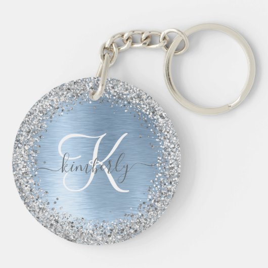 Blue Brushed Metal Silver Glitter Monogram Name Sleutelhanger (Achterkant)