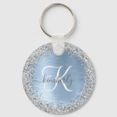 Blue Brushed Metal Silver Glitter Monogram Name Sleutelhanger (Voorkant)