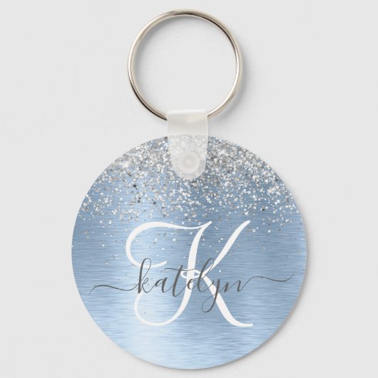 Blue Brushed Metal Silver Glitter Monogram Name Sleutelhanger (Voorkant)