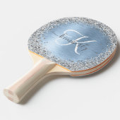 Blue Brushed Metal Silver Glitter Monogram Name Tafeltennisbatje (Voorkant Gekanteld)