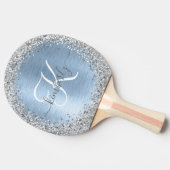 Blue Brushed Metal Silver Glitter Monogram Name Tafeltennisbatje (Zijkant)