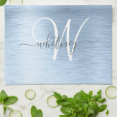 Blue Brushed Metal Silver Glitter Monogram Name Theedoek (Gevouwen)