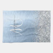 Blue Brushed Metal Silver Glitter Monogram Name Theedoek (Horizontaal)