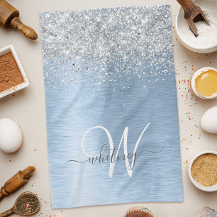 Blue Brushed Metal Silver Glitter Monogram Name Theedoek