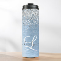 Blue Brushed Metal Silver Glitter Monogram Name