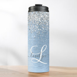 Blue Brushed Metal Silver Glitter Monogram Name Thermosbeker