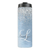 Blue Brushed Metal Silver Glitter Monogram Name Thermosbeker (Voorkant)