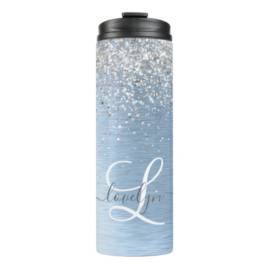 Blue Brushed Metal Silver Glitter Monogram Name Thermosbeker (Voorkant)