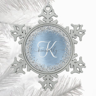 Blue Brushed Metal Silver Glitter Monogram Name Tin Sneeuwvlok Ornament