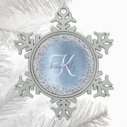 Blue Brushed Metal Silver Glitter Monogram Name Tin Sneeuwvlok Ornament