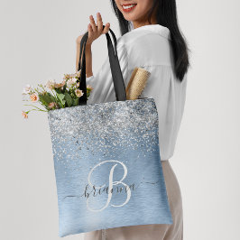 Blue Brushed Metal Silver Glitter Monogram Name Tote Bag