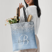 Blue Brushed Metal Silver Glitter Monogram Name Tote Bag
