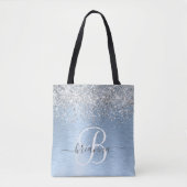 Blue Brushed Metal Silver Glitter Monogram Name Tote Bag (Voorkant)