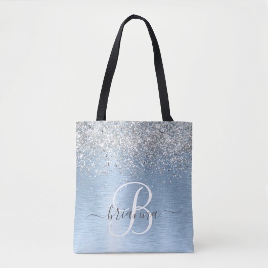 Blue Brushed Metal Silver Glitter Monogram Name Tote Bag (Voorkant)