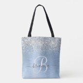 Blue Brushed Metal Silver Glitter Monogram Name Tote Bag (Achterkant)
