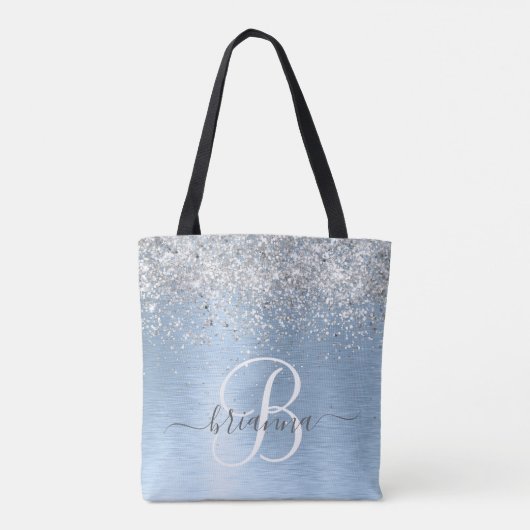Blue Brushed Metal Silver Glitter Monogram Name Tote Bag (Achterkant)