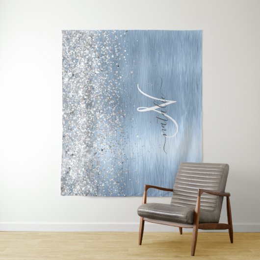 Blue Brushed Metal Silver Glitter Monogram Name Wandkleed (In situ)