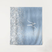 Blue Brushed Metal Silver Glitter Monogram Name Wandkleed (Voorkant)