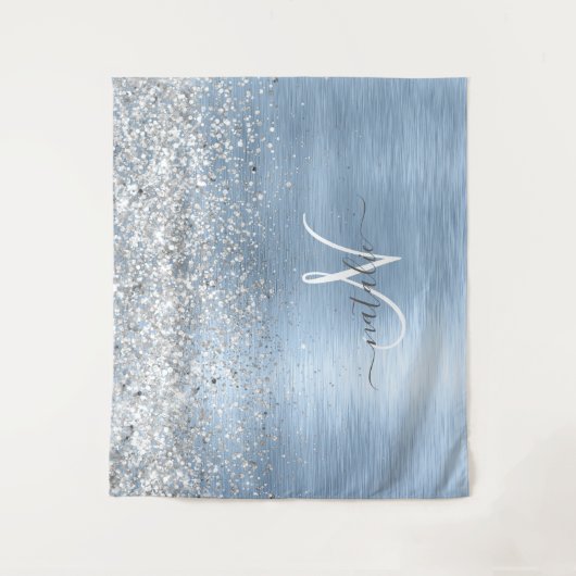 Blue Brushed Metal Silver Glitter Monogram Name Wandkleed (Voorkant)