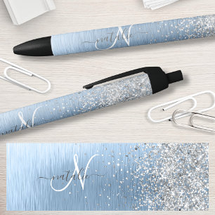 Blue Brushed Metal Silver Glitter Monogram Name Zwarte Inkt Pen