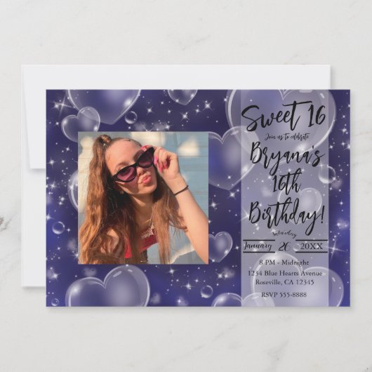 Blue Bubble Hearts Cute Girly 90's Birthday Party Kaart (Voorkant)