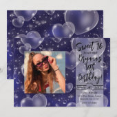 Blue Bubble Hearts Cute Girly 90's Birthday Party Kaart (Voorkant / Achterkant)