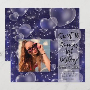 Blue Bubble Hearts Cute Girly 90's Birthday Party Kaart