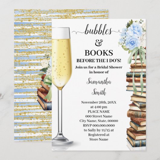 Blue Bubbles & Boeken Before I do Bruidsuitnodigin Kaart (Voorkant / Achterkant)