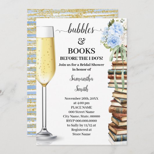 Blue Bubbles & Books Before I do Bridal Shower Kaart (Voorkant / Achterkant)