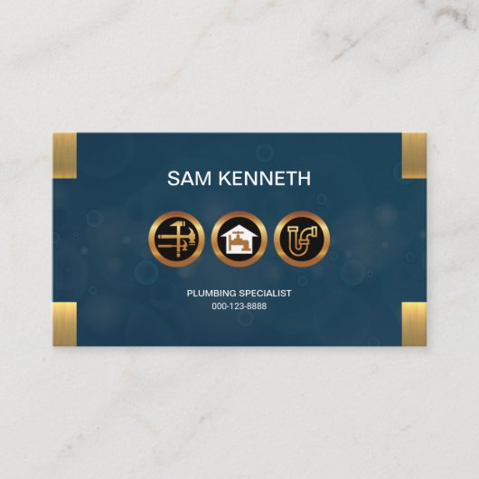 Blue Bubbles Grunge Faux Gold Plumber Icons Visitekaartje (Voorkant)