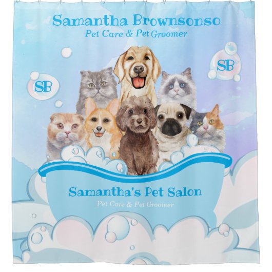 Blue Bubbles Honden Katten Spa Badkuip Blauw Huisd Douchegordijn (Voorkant)