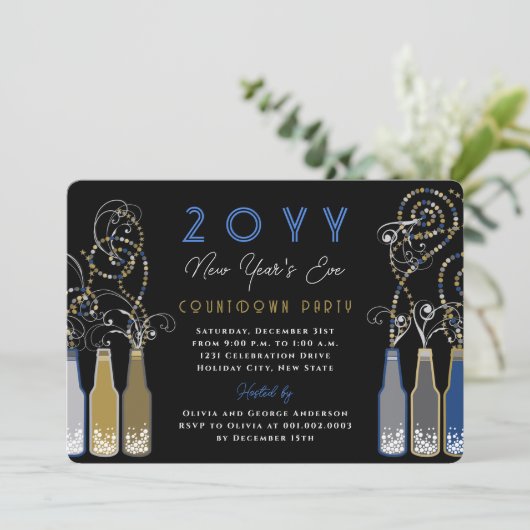 Blue Bubbly Bottles Wervelt Oudejaarsfeest Kaart (Staand voorkant)