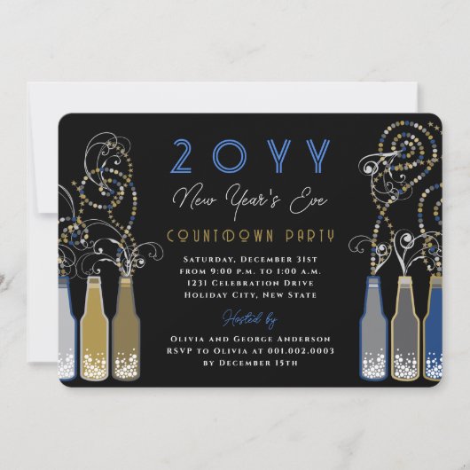 Blue Bubbly Bottles Wervelt Oudejaarsfeest Kaart (Voorkant)