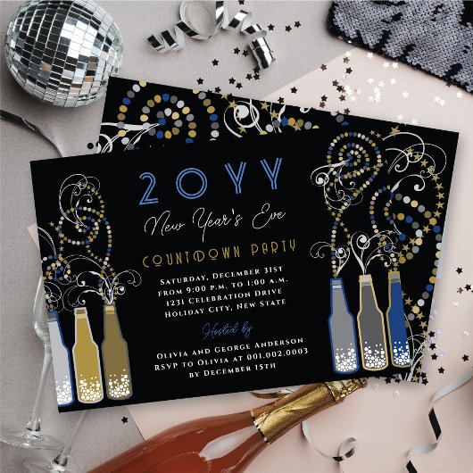 Blue Bubbly Bottles Wervelt Oudejaarsfeest Kaart