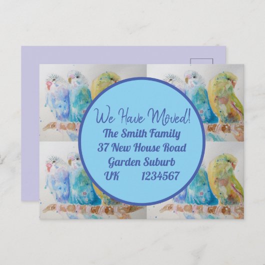 Blue Budgie Art New Address Briefkaart dat we verp (Voorkant / Achterkant)