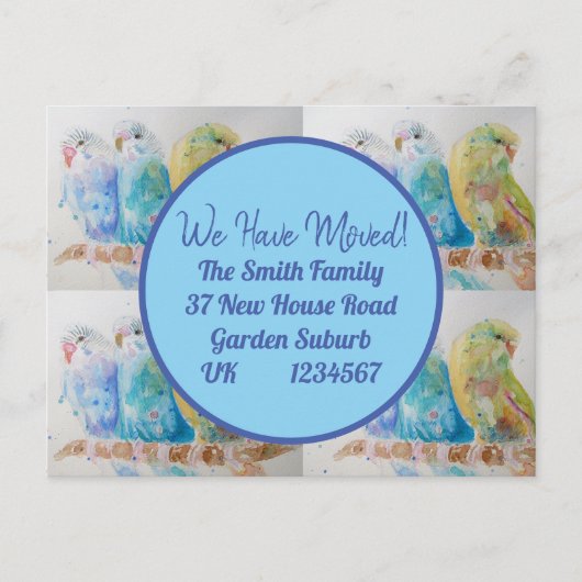Blue Budgie Art New Address Briefkaart dat we verp (Voorkant)