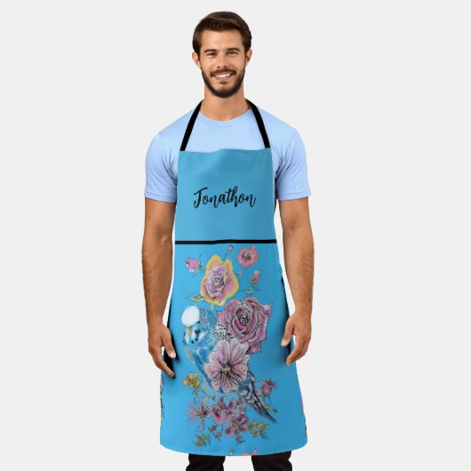 Blue Budgie Art Waterverf Birds Apron Schort (Gedragen)