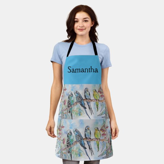 Blue Budgie Art Waterverf Birds Apron Schort (Gedragen)