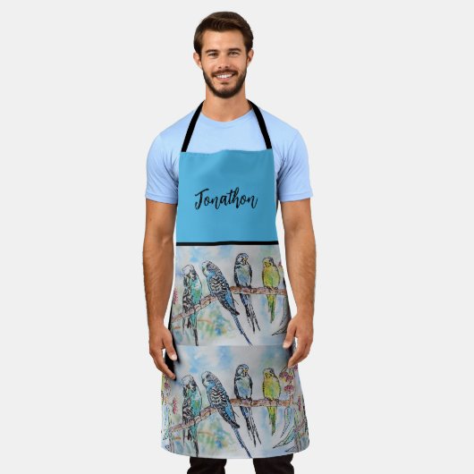 Blue Budgie Art Waterverf Birds Apron Schort (Gedragen)